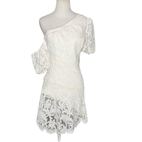 SOLDNWOT BCBGMAXAZRIA One Shoulder Scalloped Lace Dress in Dirty White – Sz 6 - Picture 7 of 12